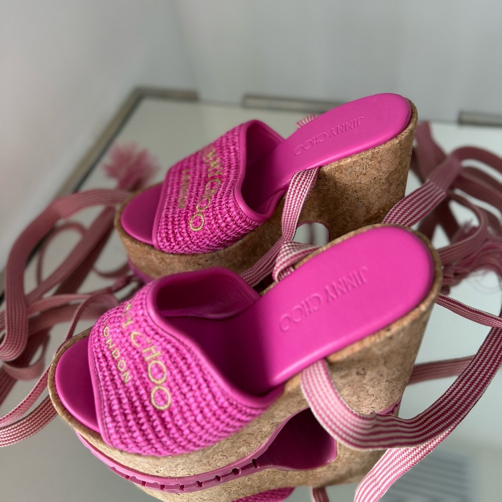 New Jimmy Choo Gal Raffia Cork Ankle-Tie Platform Sandals $750 38.5 - Picture 13 of 15